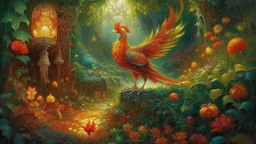 Slavic mythology enchanting garden with lush greenery and beautiful stone winding paths, with small tiny lanterns in the trees. Depict only one creature the Firebird. The body of the Firebird is adorned with feathers of vibrant red, orange, and gold, each one glowing with an otherworldly brilliance.