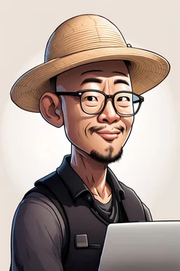 profile cartoon image, with glasses, bald, wearing a straw hat and a black vest, 45 years old male asian, round face, laptop