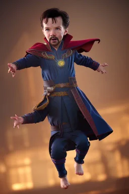 Doctor strange toddler, angry, full body, jump, bokeh, hyper realistic