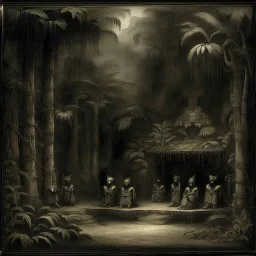 A dark warm gray thespian show in a jungle designed in Japanese Oni masks painted by Albert Pinkham Ryder
