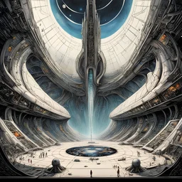 sci-fi large hangar, large area with astronauts, nasa, interstellar, crossing perspectives, many people, healing bay, Style by Joan Miro, Gerald Scarfe, by Amir Zand, H.R. Giger, design masterpiece, sharp focus, muted colors, smooth, angular, organic