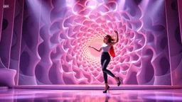 modern stage with a beautiful lady in modern clothing dancing, 3D recursive fractal structure animating background