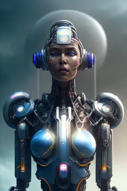 portrait,beautiful african robot, post-apocalyptic in a cyberpunk city, realistic, intriacte detail, sci-fi fantasy style, volumetric lighting, particales,highly detailed,cinamatic, deep