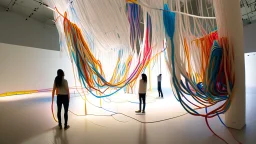 Create a large-scale textile installation using resilient and stretchy materials like elastic bands or bungee cords. Visitors can physically interact with the installation by pulling on the threads, symbolizing the struggles individuals face during addiction and their journey towards recovery. The installation should demonstrate how resilience and determination help in overcoming challenges.