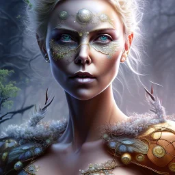 Charlize Theron, woolitize, rusty metal, feathers, Dryad, fae, sidhe, ominous, nature, plants, wildflower, facepaint, dnd character portrait, intricate, oil on canvas, masterpiece, expert, insanely detailed, 4k resolution, retroanime style, cute big circular reflective eyes, cinematic smooth, intricate detail , soft smooth lighting, soft pastel colors, painted Renaissance style