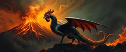 Nabraxas fire and darkness volcano Haiti dragon with rooster head and serpent legs as a vision of the beginning of awakening within a dream of paint color and time and a whip covered in blood