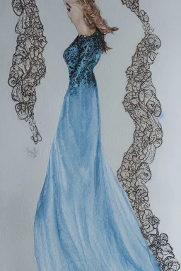 A beautiful woman in lace night gown in a luxury bed in a luxury bedroom, pastel blue watercolour and black ink, shiny gold metallic pieces outlining highly detailed digital painting elegant intricate very attractive award winning fantastic view crisp quality in candlelight