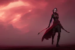  woman on battlefield, red, dark, clouds, storm