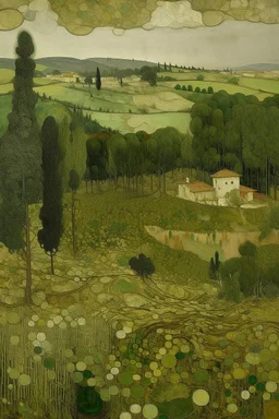 An olive green wasteland near an abandoned plague town painted by Gustav Klimt