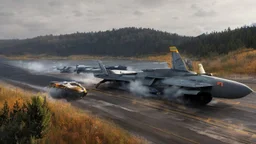 A national geographic award winning photograph of a military fighter jet station wagon wasp hybrid designed by volkswagen only one vehicle per image painted metallic orange traveling at a high rate of speed, jet intake off of front center of vehicle and jet exhaust out the rear with bright blue flame, bilaterally symetrical