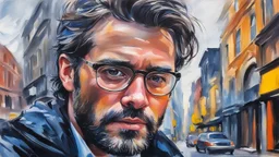 gouache, portrait of a man in the city, impressionism, alcohol oil painting depicting a city, 32k resolution, hyper-detailed, minute details, fine rendering, airbrush strokes, 8k resolution concept art, hyper-detailed, complex detail