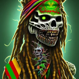 Corps entier Zombie rastafary iron maiden feuille cannabis, yeux rouges, bandeau couleur rasta,4k, couleur chaudes