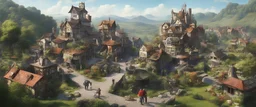 A busy surrealist market in a beautiful sunny countryside scene with distant hills & fields, many conjoining intricate characterful dwellings (each with a Solar Panel or small wind turbine on each roof) & a clock-house. Many pathways & walkways, stairways & staircases, bridges, waterfalls & a waterwheel : ultra high detail, photorealistic, epic cinematic, 8K, Large depth of field