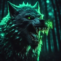 bloodthirsty angry savage werewolf howling at the moon, muscular body covered with neon-green glowing crystals, large claws, sharp teeth, night forest with gloomy dark teal colors, fire sparkle particles, dark tone, sharp focus, high contrast, 8k resolution, shallow depth of field, dramatic lighting, beautifully intricate details, clean environment