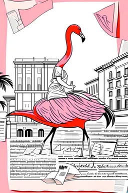 the woman rides on the back of a flamingo in the city center with a huge shopping bag, collage, stamp, old newsprint, pen, dry flower, ink, bizarre