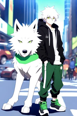 In anime, an anthropomorphic male character with white fur, white-and-green-haired, white-skinned, green-eyed, wolf ears, whiskers, a black hoodie, and black pants, is on the street in the massive capital.