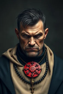 A brutal man witj bold head. He is dressed in beige and black Christian clothes. A large red pendant in the form of a constellation.