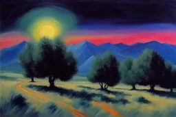 Trees, night, mountains, one person, 2000's sci-fi movies influence, ludwig dettman and willem maris impressionism painting