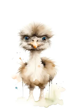 Create an adorable simplistic watercolor illustration of a baby ostrich. The ostrich should have a friendly expression, standing with legs wide open, infusing the illustration with a sense of liveliness and charm characteristic. Keep the design simple and elegant.