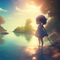 Anime little girl day, sunny, relaxing, sea, trees, real details anime style, realistic, glowing beach, 8k, octane render