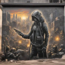 dramatic cyberpunk graffiti art mural on wall depicting Anarchic Blackout, concept art, by Banksy, by Aeron Alfrey, gritty, ultra detailed.