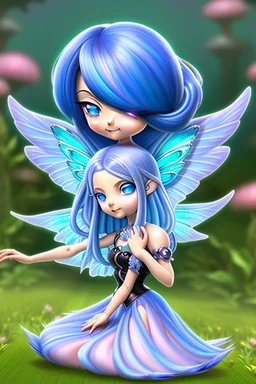 cute happy fairy girl with rounded blue eyes, big long silver hair, and with tiny black fluffy kitty sitting in her five fingers hands, chibi 3d anime character, detailed, fantasy style, nice picture in the big meadow with pale colors flowers