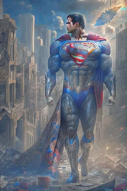 Superman. In a new, sophisticated suit decorated with a Mandala pattern. Strong, fit body. Muscles. A cinematic scene. A destroyed city scene