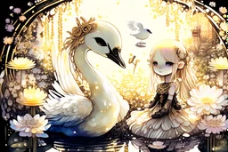 beautiful swan and cute chibi princess in a flowergarden with beautiful flowers, pond, in sunshine, H.R. Giger, anime, steampunk, surreal, watercolor and black in outlines, golden glitter, ethereal, cinematic postprocessing, bokeh, dof