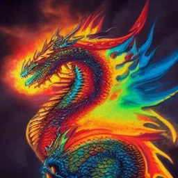 a multicolored dragon with fire blowing out of his mouth on a volcano