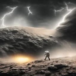 man walking on moon in thunderstorm