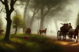 Peder Monk Monsted style, horse drawn carriage, forest dirt road,