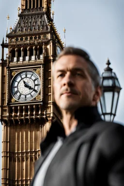 an man standing in front of big ben looking at camera,closeup