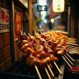 In a tight alleyway of Toyko, a close up of a line up of hot steaming teriyaki meat kabobs on a grill, intricate detail, delicious, tempting, Global Street Foods, Cinematic film still, shot on v-raptor XL, vignette, color graded, post-processed, cinematic lighting, 35mm film, live-action, best quality, atmospheric, a masterpiece, epic, stunning, dramatic, Japanese aesthetic