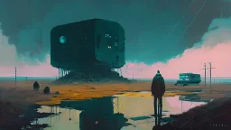 A black mirror style (dystopian wonderland), analog sci-fi horror, science fiction painting, Simon stålenhag,Denis Sarazhin, Alex Colville, Romain Trystram, Christopher Shy, Alejandro Burdisio, Rene Magritte, Tye Martinez), ominous sky, alternate reality art, obscured environments, paradoxical, RAW, GRITTY, NOISY, dark minimalism, visual ambiguity, dark pop avant garde