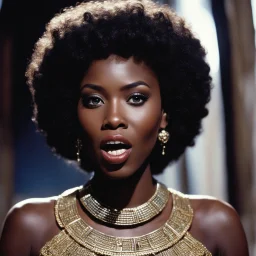 (A raw, photorealistic cinematic freeze-frame captured on 35mm film by Ray Harryhausen.) The core of the reality is a 24-year-old Nigerienne woman, her entire being radiating shock and transcendence. Her mouth is a perfect, vibrating 'O' of surprise; her eyes are wide, reflecting cosmic light. She is suspended, defying gravity in the exact, rigid 'crane' stance of the ancient Karate masters—balanced perfectly on one leg, the right knee tucked high, her arms flared outward like the divine wings o