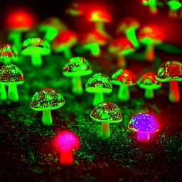 glass mushrooms with glowing plasma neon sparkles, astral forest, night, cinematic lighting