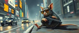 master oil painting by Rembrandt, pen outline,the tilted quilter,glasses and ticks, cyberpunk imagery synchronized stylized fluffy gremlin wolf rat laying low holding a few guns barely hanging on, drumming kit flat power trike flickering stable core, wet reflective salt flat city, fast motion blur background, translucent tube cars, technocracy mega tv