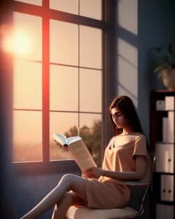 Beautiful, thin young woman, Arab home clothes, wavy hair, sitting on an office chair, reading a novel, next to a window, outside the window is sunset , 8k, finely detailed, photo realistic.