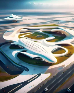 Aeropuerto futurista pistas aviones arquitectura estilo Zaha Hadid color blanco crema 8k gente parqueaderos vista aerea