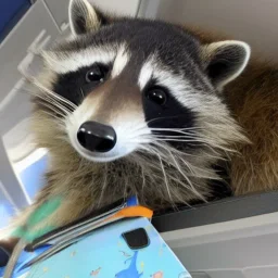 Cartoon raccoon on plane