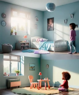 Realistic child room scene. sweet big furry monster sitting. girl from behind. Steven Spielberg style. Red hair, smile, happy, gradient color fog. highly detailed, concept art, unreal engine 5, ray tracing, RTX, lumen lighting, ultra detail, volumetric lighting, 3d, finely drawn, high definition, high resolution.