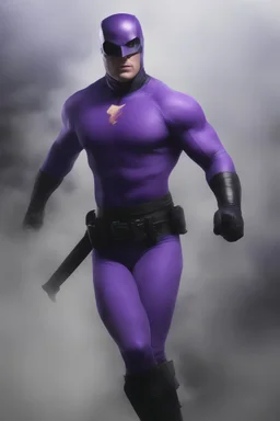 Kent Walker aka THE PHANTOM, Strong, athletic physique, action poses, skin-tight, formfitting purple bodysuit, skin-tight, formfitting purple cowl, black eye disguise, black utility belt, double holstered pistol belt, black knee-high boots, glowing white eyes, battle scars, blood, ((foggy, cloudy background, multicolored lightning, flowing lava, Full Eclipse, aliens, explosions, bright, vibrant, extremely colorful, detailed, blood red skies))