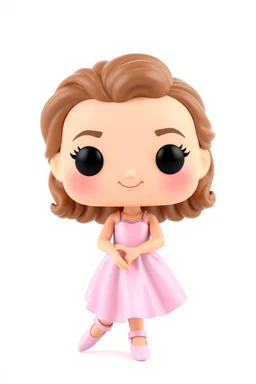 Funko figure of a very young female, smiling, medium very wavy light brown hair, wearing a ballerina dress, pink dress, ballet, very cute, ballet pose,. typography, 3D render. White background