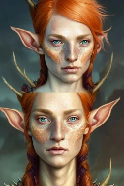 portrait painting of an elven young woman with short light orange hair and freckles and tree tattoos on his cheekbones light armor, full body, ultra realistic, concept art, intricate details, eerie, highly detailed, photorealistic, octane render, 8 k, unreal engine. art by artgerm and greg rutkowski and charlie bowater and magali villeneuve and alphonse mucha