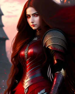 full body picture of a young woman with long brown hair, fantasy, dark, wearing black and red leather fantasy armor, evil, red eyes, smirk, confident, arrogant, anime, high resolution, hi res, detailed, intricate, fighting, warrior, detailed background, 8k resolution