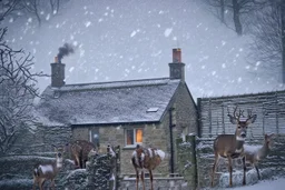 Snow falling heavily in the Cotswald area of England. A stone cottage with smoke coming out of the chimney. Surrounded by stone fences. In the background a startled group of deer look this way. A thick forest behind them.