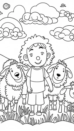 outline art for a kid's coloring page, children as joyful sheep in God's pasture, white background, sketch style, full body, only use outline, clean art , white background, no shadows and clear well outlined