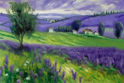 A violet farmland with bio life painted by Claude Monet