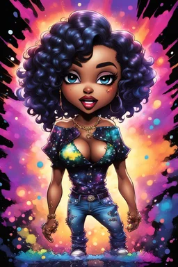 vibrant psychedelic comic book image, airbrush, 48k, cartoon art of a chibi curvy black female wearing torn jeans pants and a black tie dye off the shoulder blouse. Prominent make up with lush lashes. Highly detailed short pixie cut