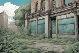 post office, overgrown apocalyptic city background, comic book,